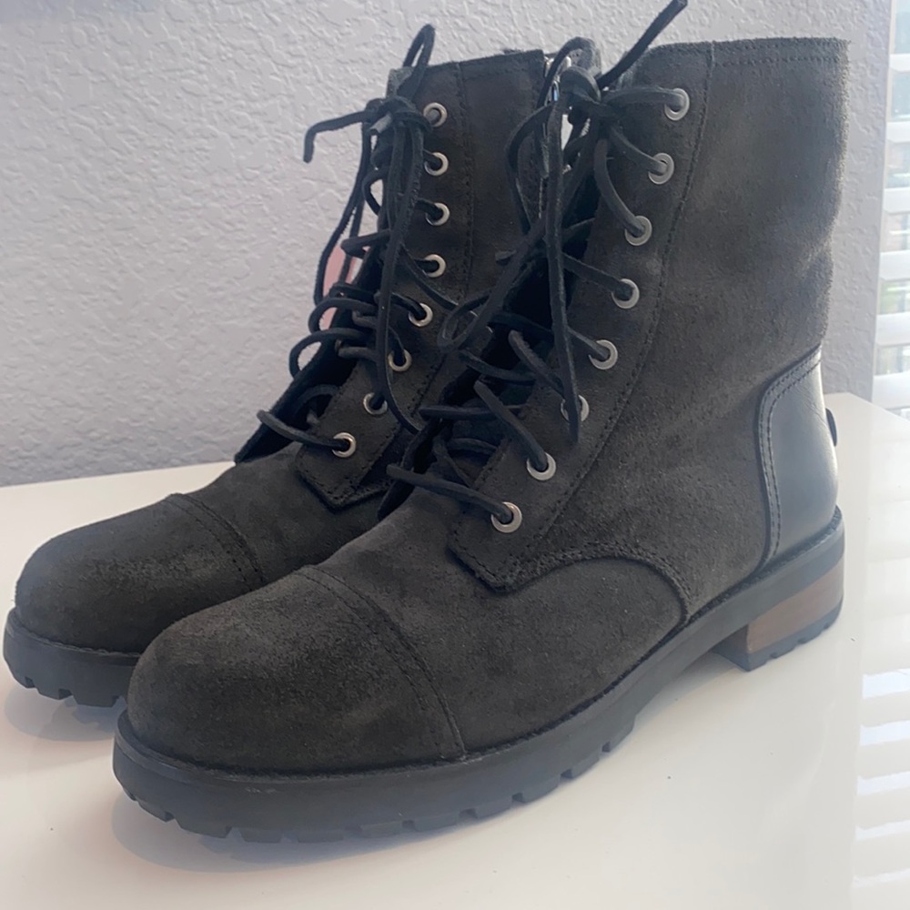 Ugg suede combat style boots with soft faux fur liner.